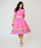 Unique Vintage Pink & Rainbow Cotton Swing Dress - Unique Vintage - Womens, DRESSES, SWING