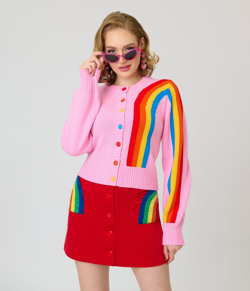 Unique Vintage Pink Rainbow Cropped Cardigan - Unique Vintage - Womens, TOPS, SWEATERS