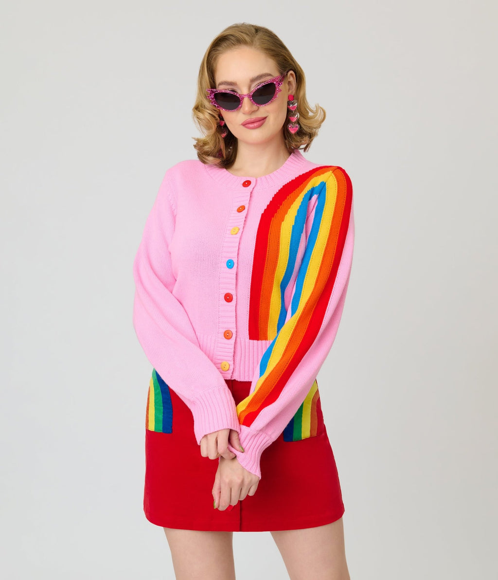 Unique Vintage Pink Rainbow Cropped Cardigan - Unique Vintage - Womens, TOPS, SWEATERS
