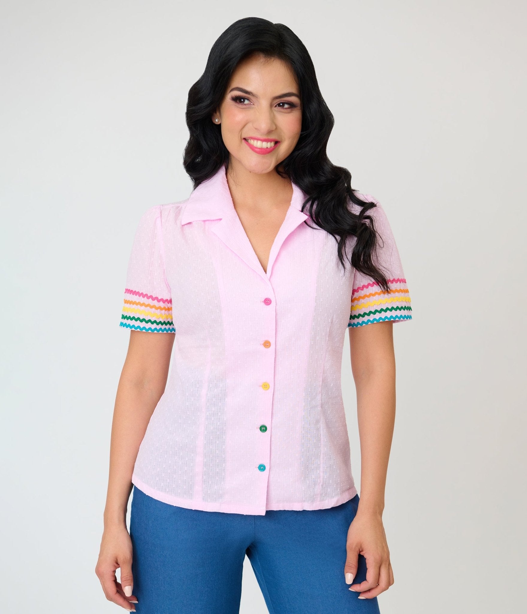 Unique Vintage Pink & Rainbow Trim Cotton Blouse - Unique Vintage - Womens, TOPS, WOVEN TOPS