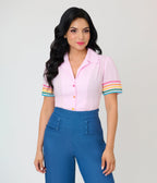 Unique Vintage Pink & Rainbow Trim Cotton Blouse - Unique Vintage - Womens, TOPS, WOVEN TOPS