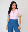 Unique Vintage Pink & Rainbow Trim Cotton Blouse