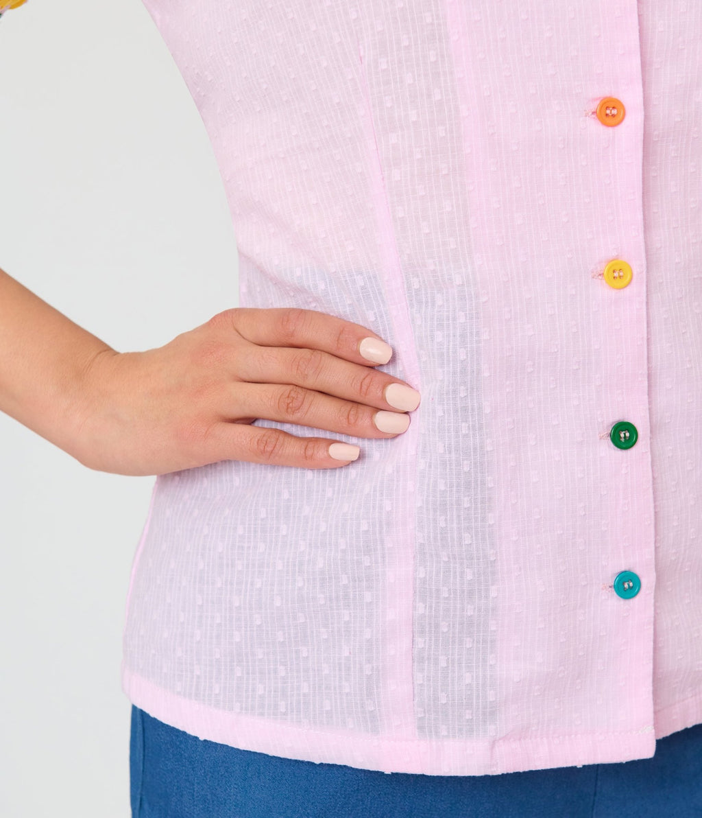 Unique Vintage Pink & Rainbow Trim Cotton Blouse - Unique Vintage - Womens, TOPS, WOVEN TOPS