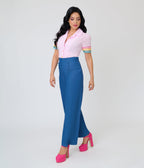 Unique Vintage Pink & Rainbow Trim Cotton Blouse - Unique Vintage - Womens, TOPS, WOVEN TOPS