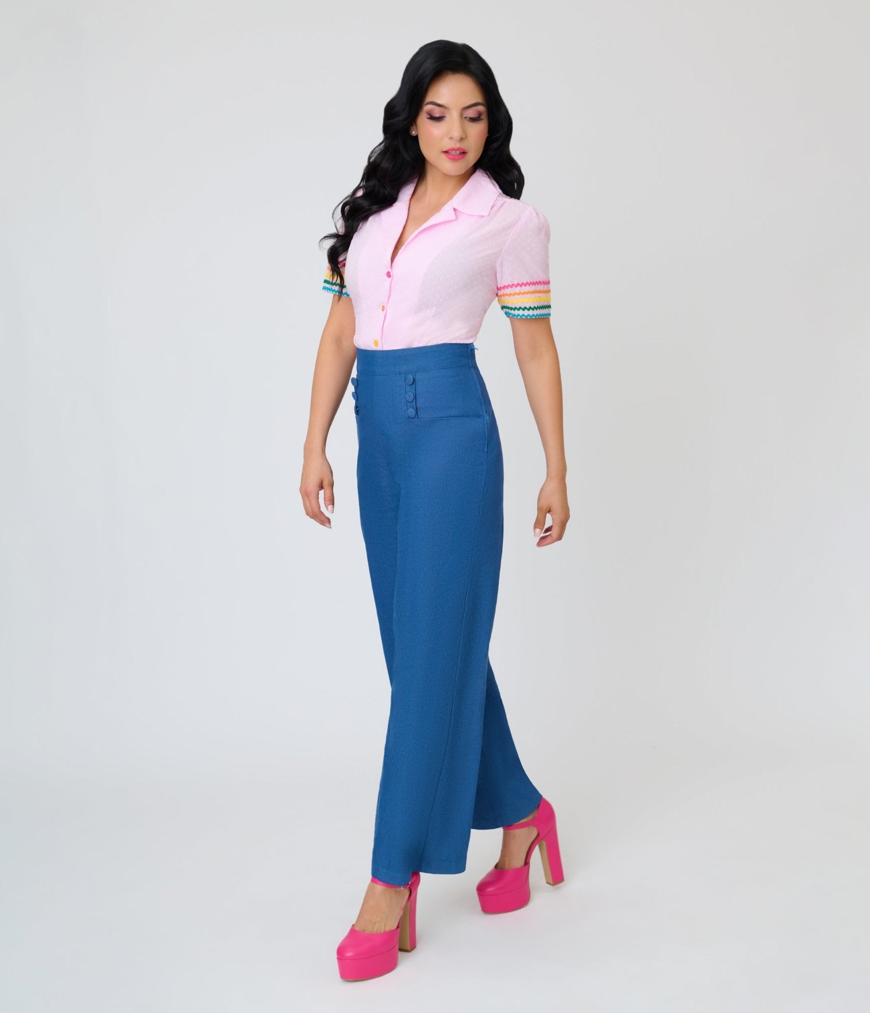 Unique Vintage Pink & Rainbow Trim Cotton Blouse - Unique Vintage - Womens, TOPS, WOVEN TOPS