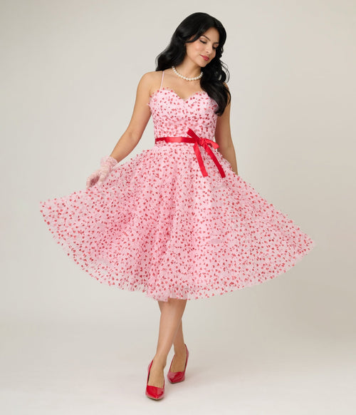Unique Vintage Pink & Red Glitter Heart Tulle Cupcake Swing Dress Unique Vintage Pink & Red Glitter Heart Tulle Cupcake Swing Dress