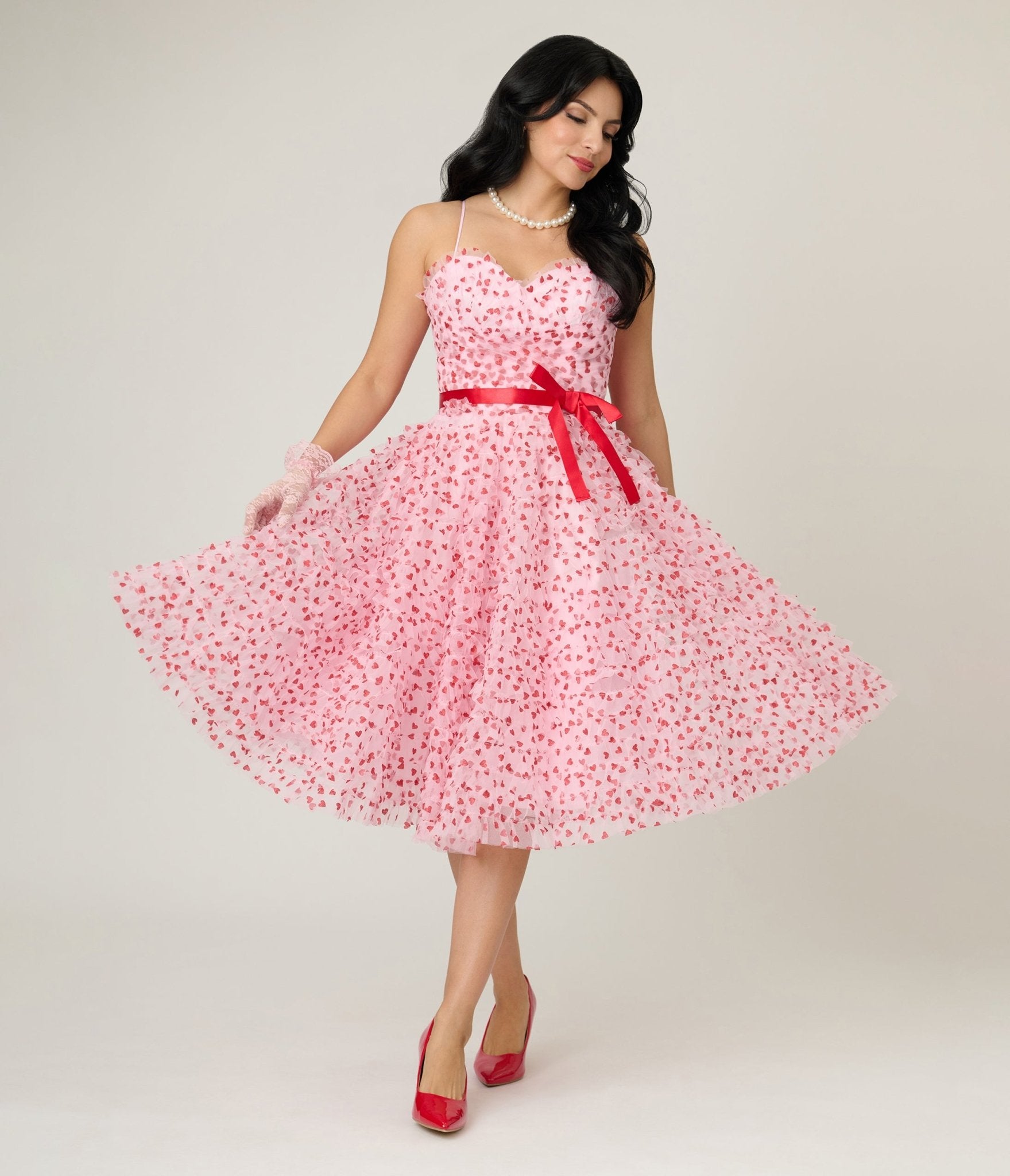 Unique Vintage Pink & Red Glitter Heart Tulle Cupcake Swing Dress