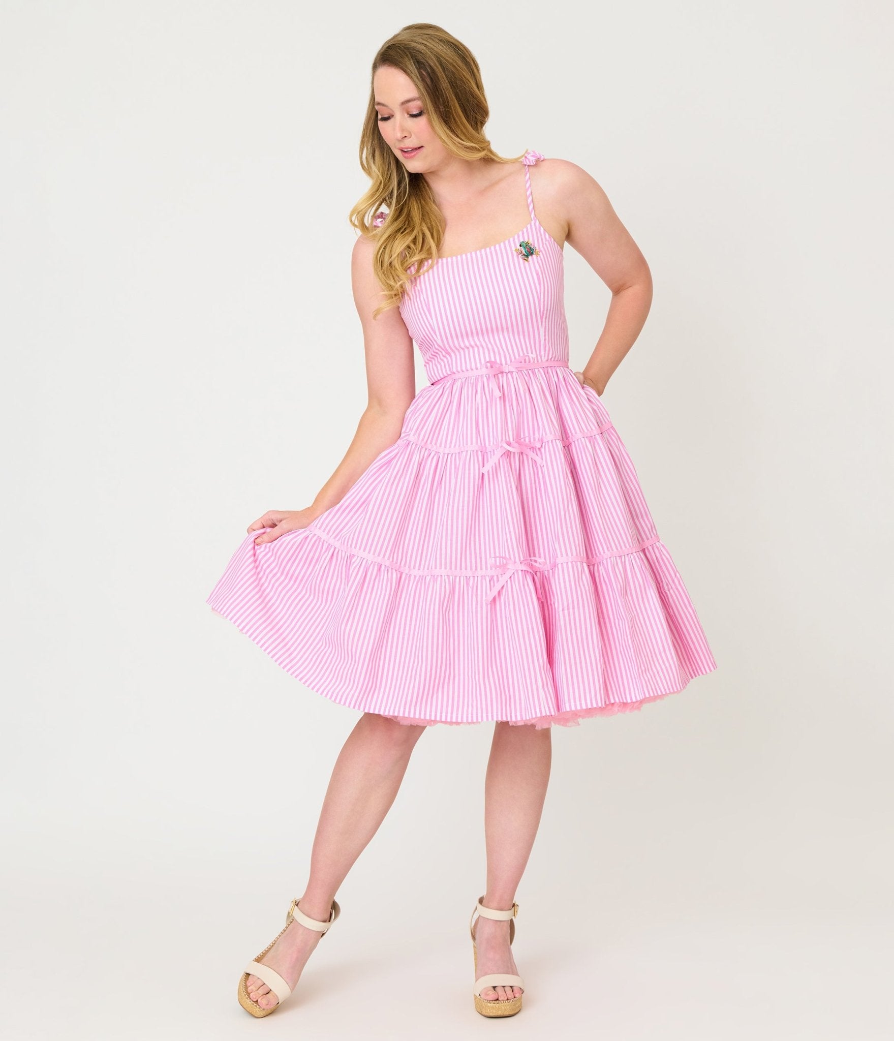 Unique Vintage Pink Stripes & Frog Brooch Tiered Swing Dress - Unique Vintage - Womens, DRESSES, SWING