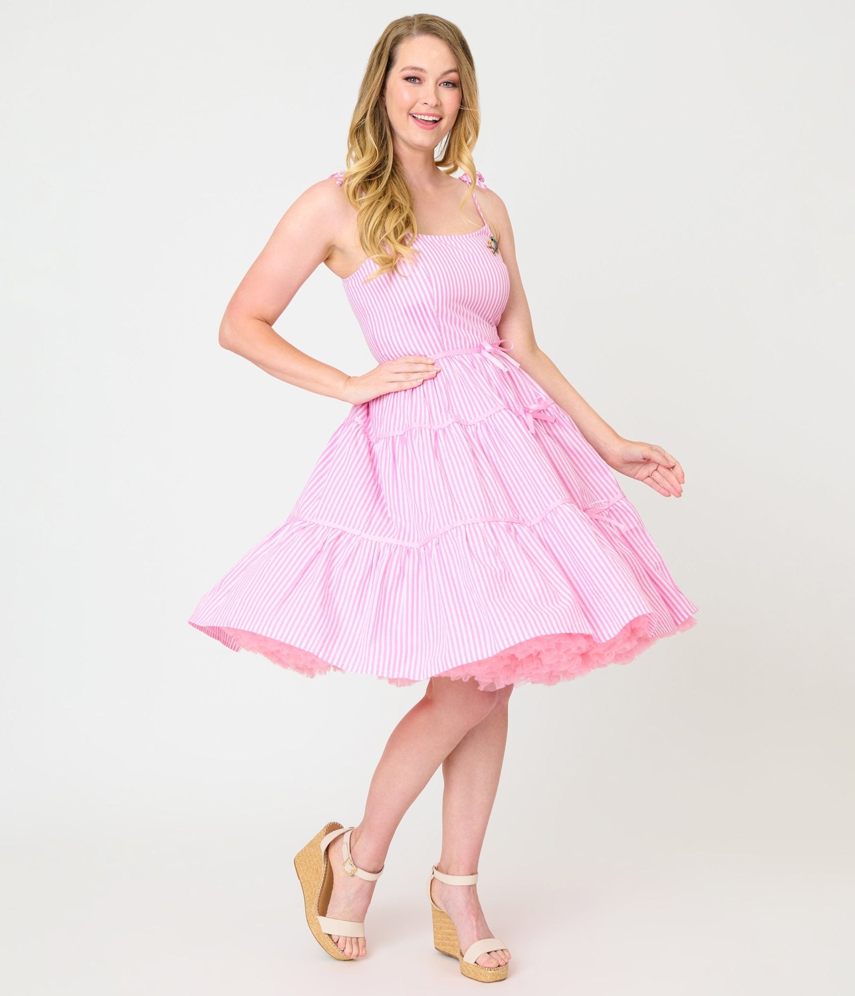 Unique Vintage Pink Stripes & Frog Brooch Tiered Swing Dress - Unique Vintage - Womens, DRESSES, SWING