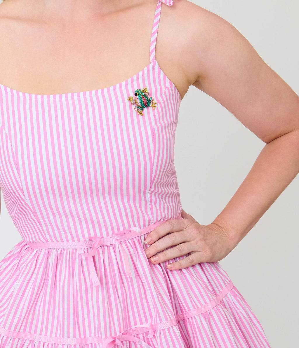 Unique Vintage Pink Stripes & Frog Brooch Tiered Swing Dress - Unique Vintage - Womens, DRESSES, SWING