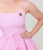 Unique Vintage Pink Stripes & Frog Brooch Tiered Swing Dress - Unique Vintage - Womens, DRESSES, SWING