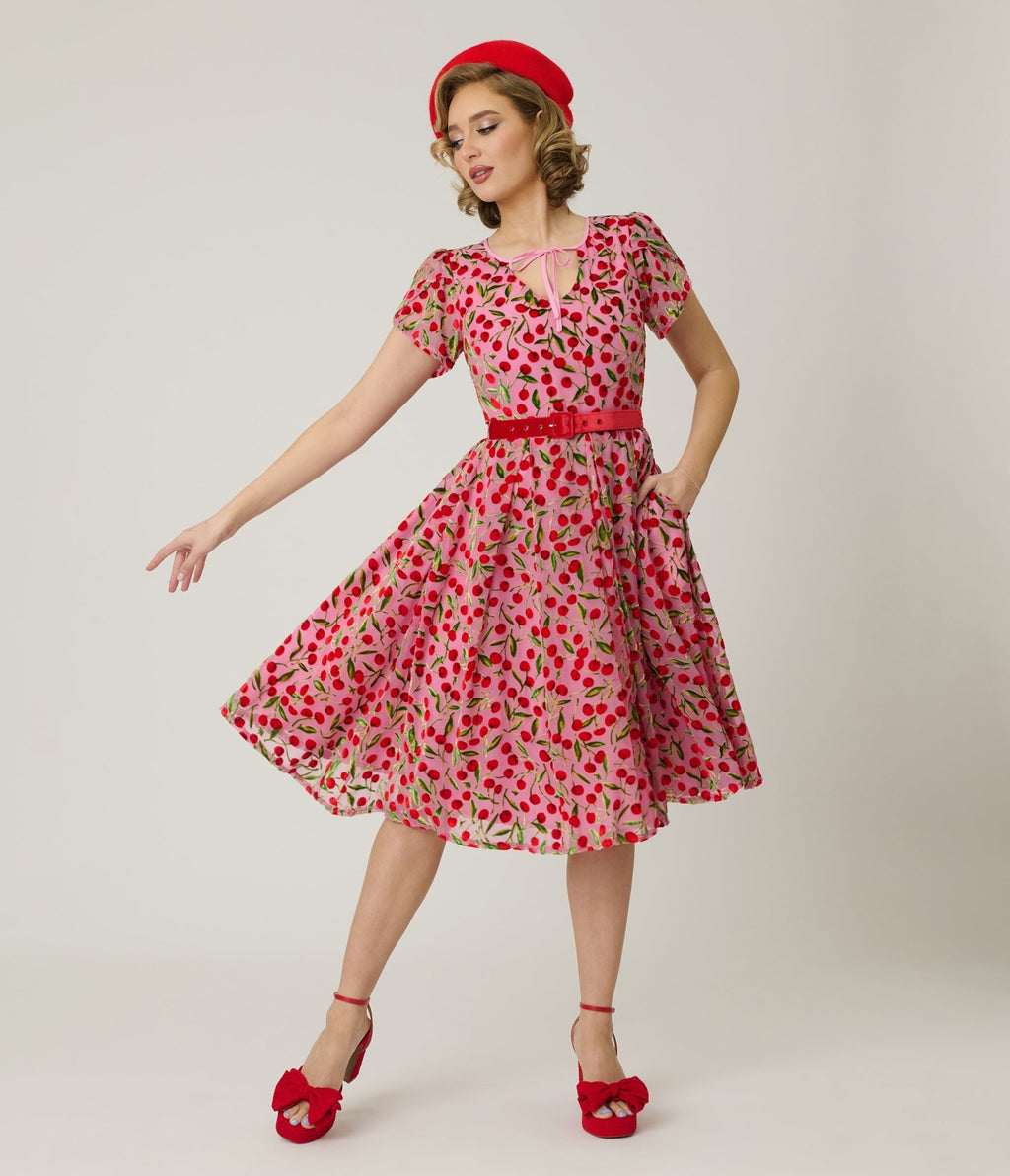 Unique Vintage Pink Velvet Cherries Dahlia Swing Dress