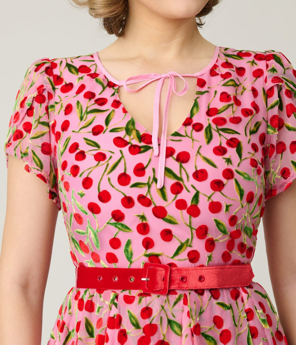 Unique Vintage Pink Velvet Cherries Dahlia Swing Dress - Unique Vintage - Womens, DRESSES, SWING