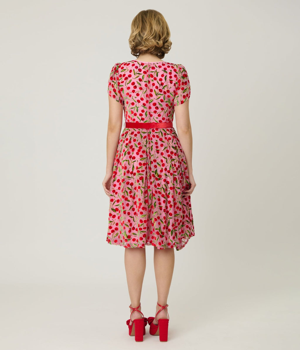 Unique Vintage Pink Velvet Cherries Dahlia Swing Dress - Unique Vintage - Womens, DRESSES, SWING