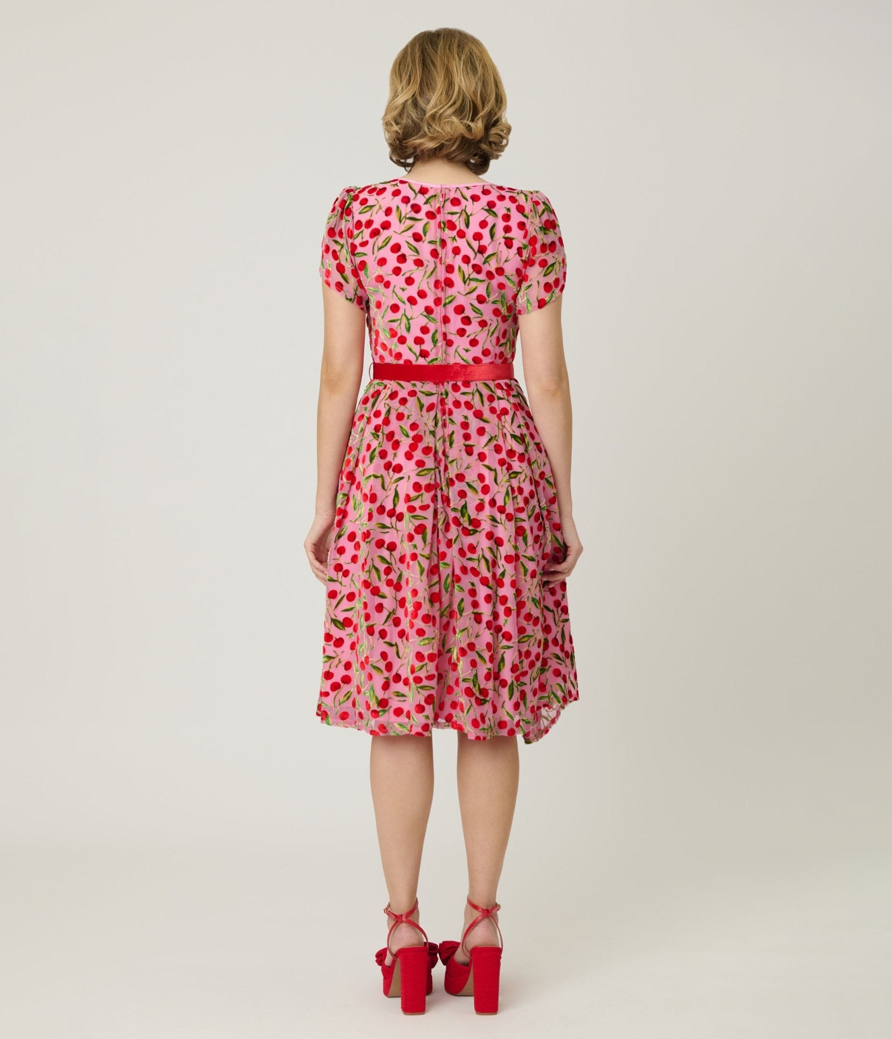 Unique Vintage Pink Velvet Cherries Dahlia Swing Dress - Unique Vintage - Womens, DRESSES, SWING