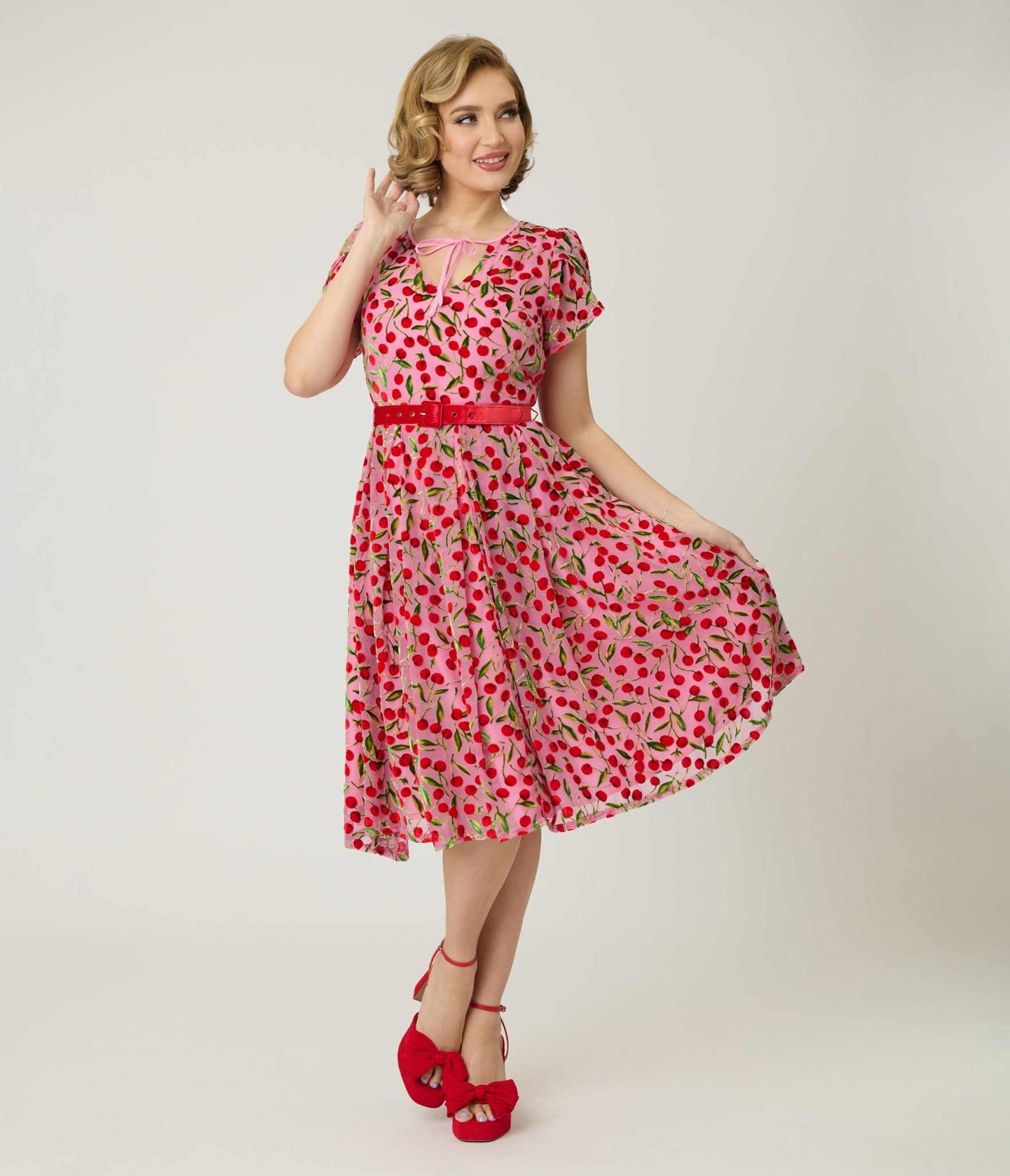 Unique Vintage Pink Velvet Cherries Dahlia Swing Dress - Unique Vintage - Womens, DRESSES, SWING