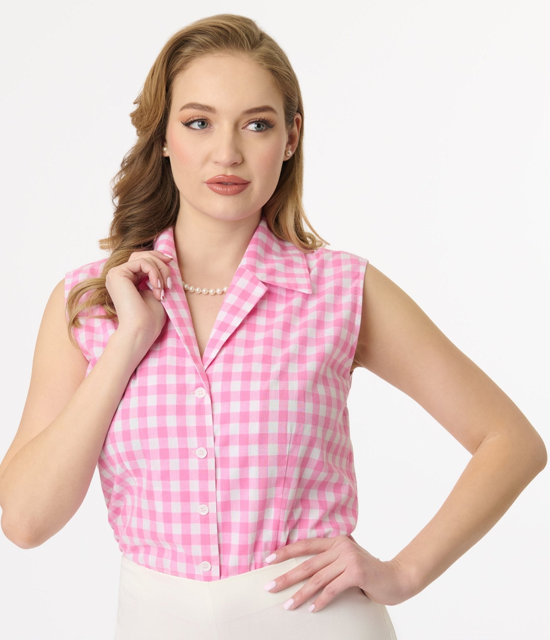 Unique Vintage Pink & White Gingham Notched Collar Cotton Blouse - Unique Vintage - Womens, TOPS, WOVEN TOPS