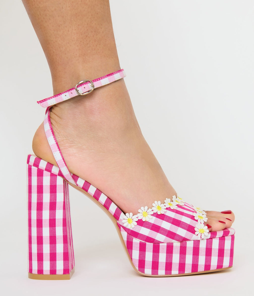 Unique Vintage Pink & White Gingham Platform Heels - Unique Vintage - Womens, SHOES, HEELS