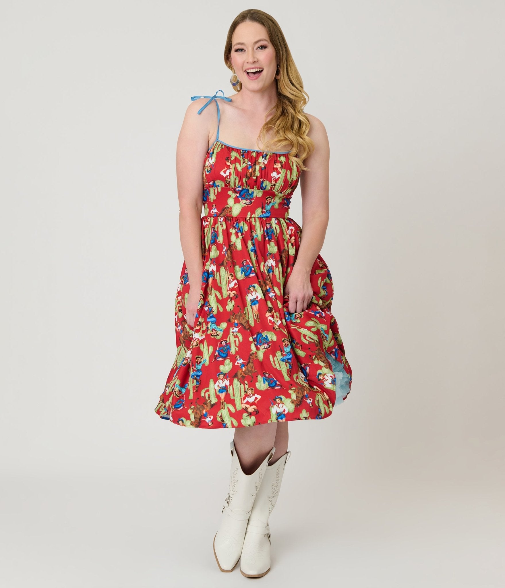 Unique Vintage Pinup Cowgirl Print Sleeveless Swing Dress - Unique Vintage - Womens, DRESSES, SWING