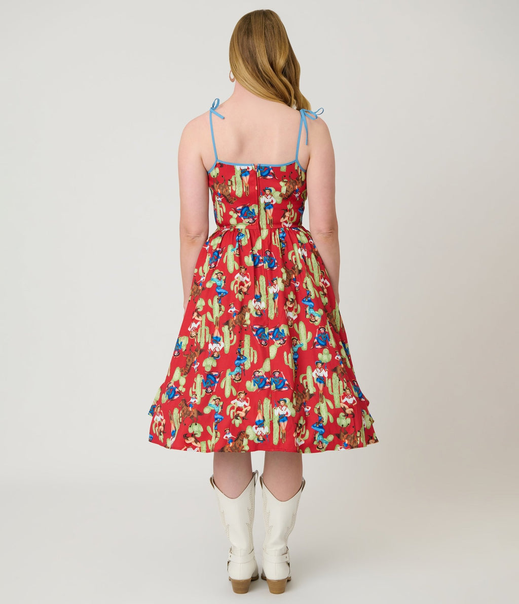 Unique Vintage Pinup Cowgirl Print Sleeveless Swing Dress - Unique Vintage - Womens, DRESSES, SWING