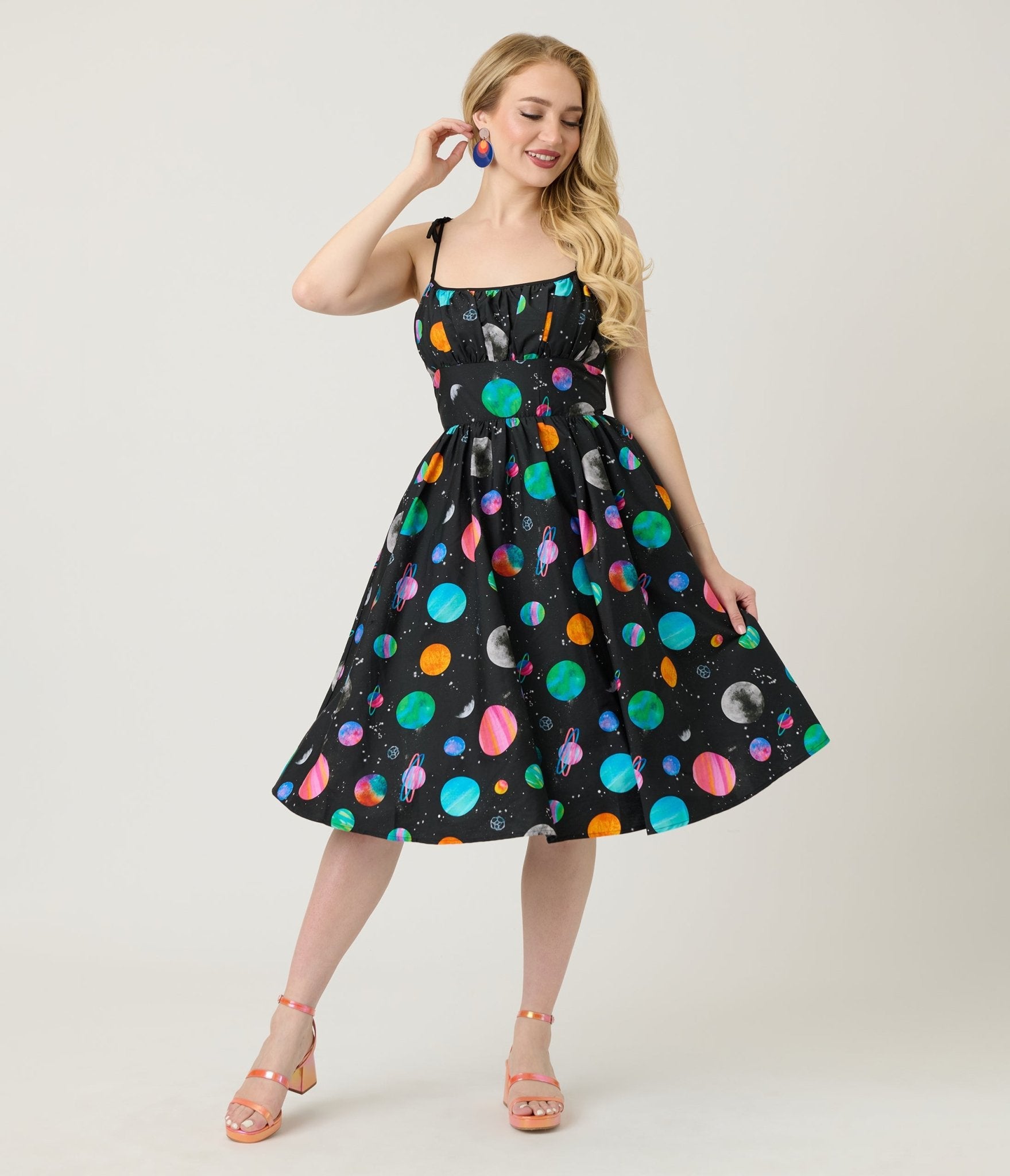 Unique Vintage Planets Print Sleeveless Cotton Swing Dress - Unique Vintage - Womens, DRESSES, SWING