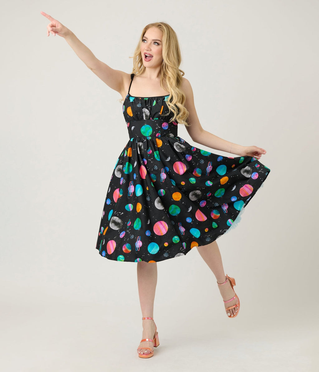 Unique Vintage Planets Print Sleeveless Cotton Swing Dress - Unique Vintage - Womens, DRESSES, SWING