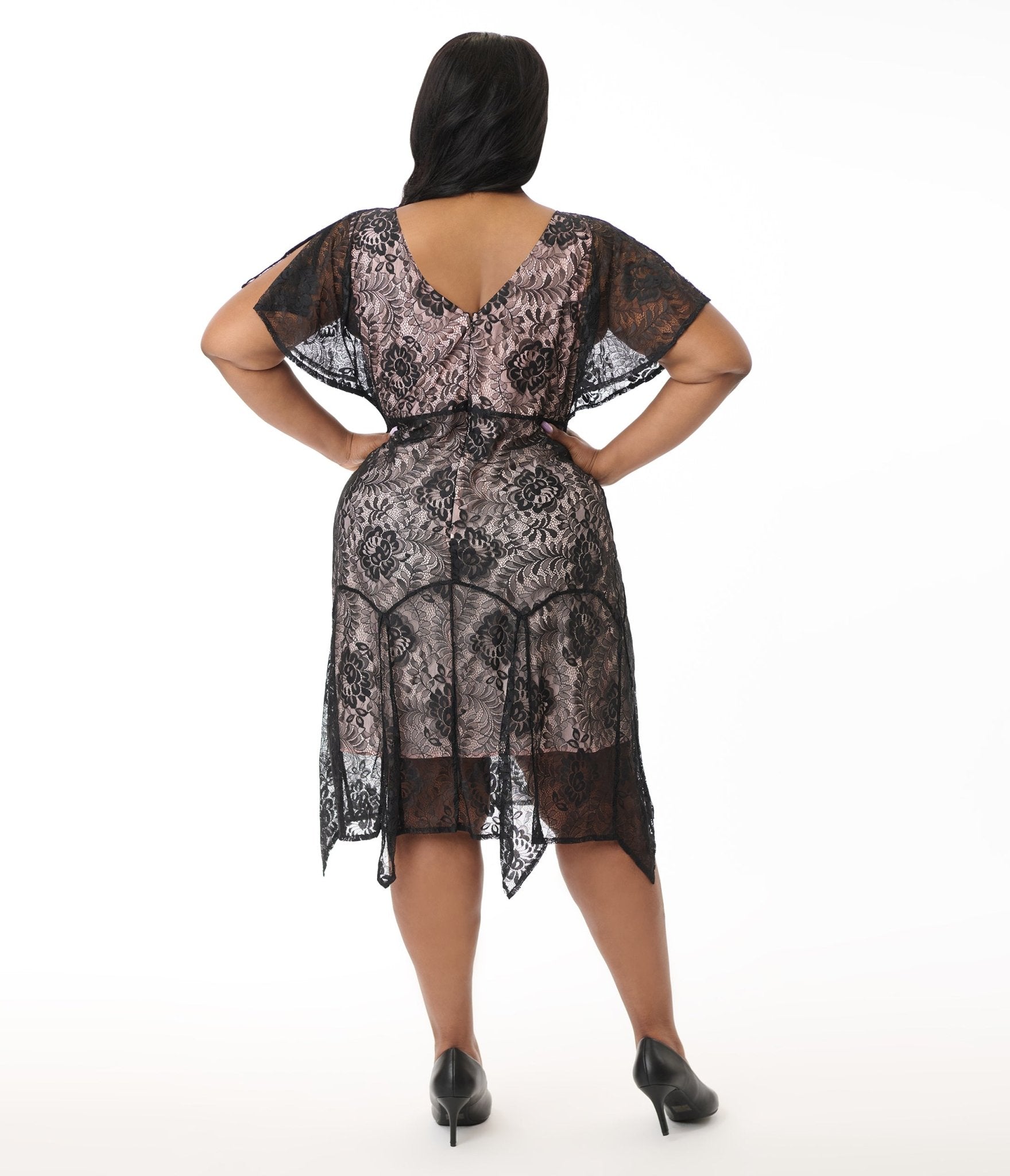 Unique Vintage Plus 1920s Black Lace & Peach Lining Flutter Sleeve Flapper Dress - Unique Vintage - Womens, FLAPPER, SLEEVED