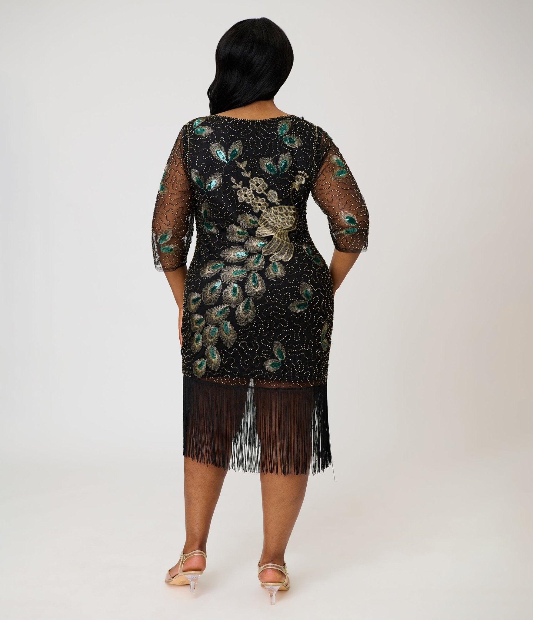Unique Vintage Plus Size 1920s Black Peacock Sequin Margaux Flapper Dress