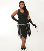 Unique Vintage Plus Size 1920s Black & Pearl Beaded Petal Flapper Dress - Unique Vintage - Womens, FLAPPER, SLEEVELESS BEADED