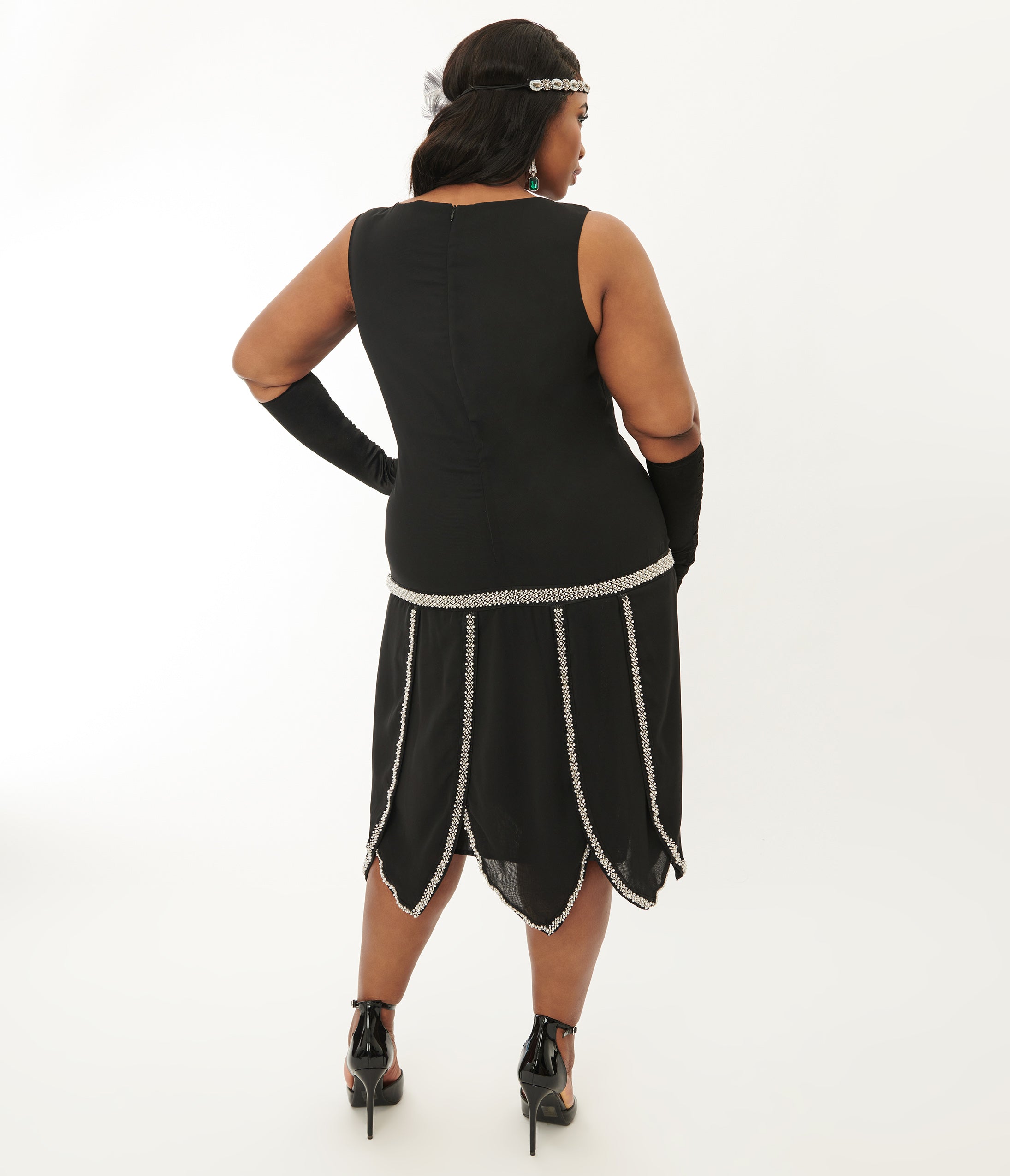 Unique Vintage Plus Size 1920s Black & Pearl Beaded Petal Flapper Dress - Unique Vintage - Womens, FLAPPER, SLEEVELESS BEADED