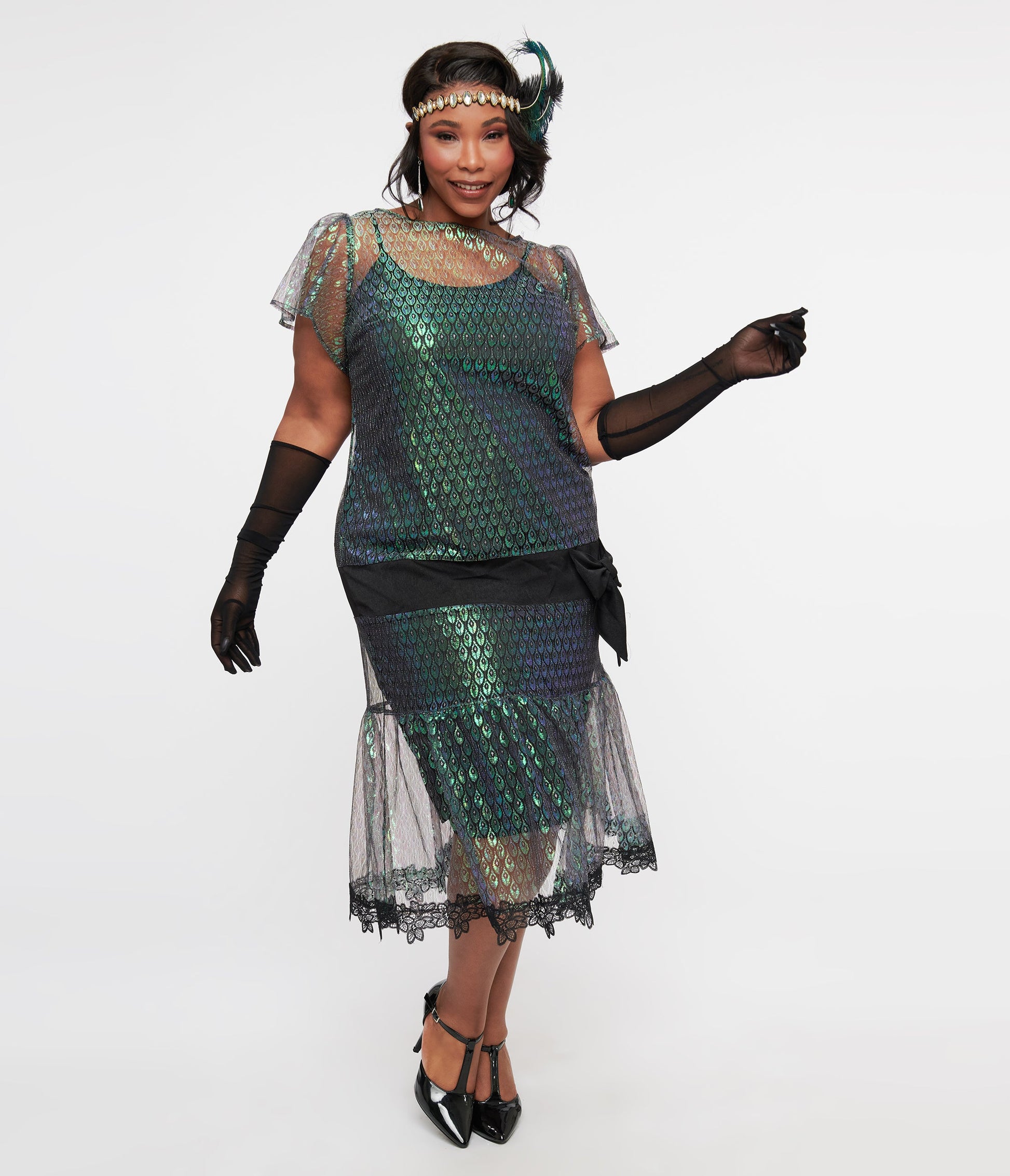 Unique Vintage Plus Size 1920s Iridescent Peacock & Black Bow Flapper Dress - Unique Vintage - Womens, FLAPPER, NON BEADED