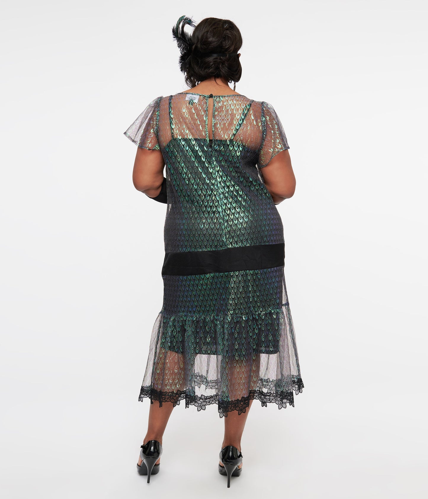 Unique Vintage Plus Size 1920s Iridescent Peacock & Black Bow Flapper Dress - Unique Vintage - Womens, FLAPPER, NON BEADED