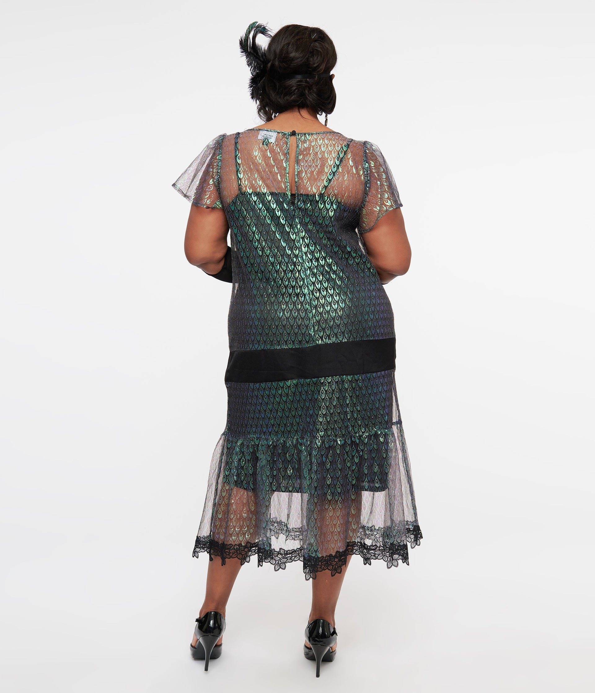 Unique Vintage Plus Size 1920s Iridescent Peacock & Black Bow Flapper Dress - Unique Vintage - Womens, FLAPPER, NON BEADED
