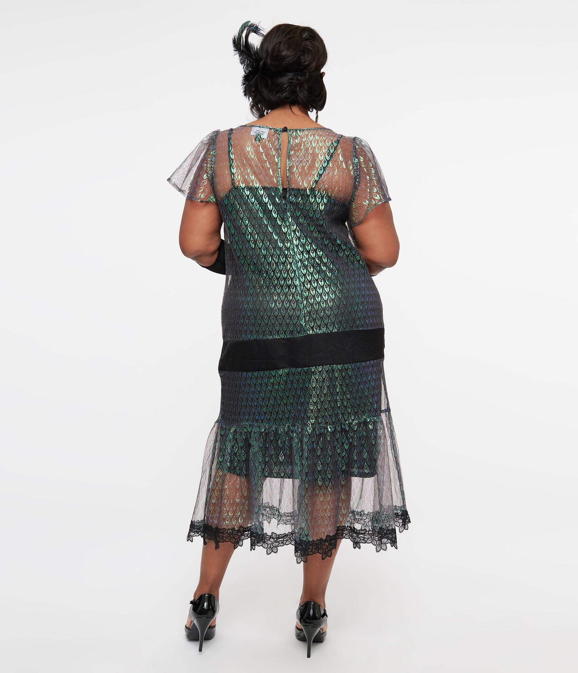 Unique Vintage Plus Size 1920s Iridescent Peacock & Black Bow Flapper Dress - Unique Vintage - Womens, FLAPPER, NON BEADED