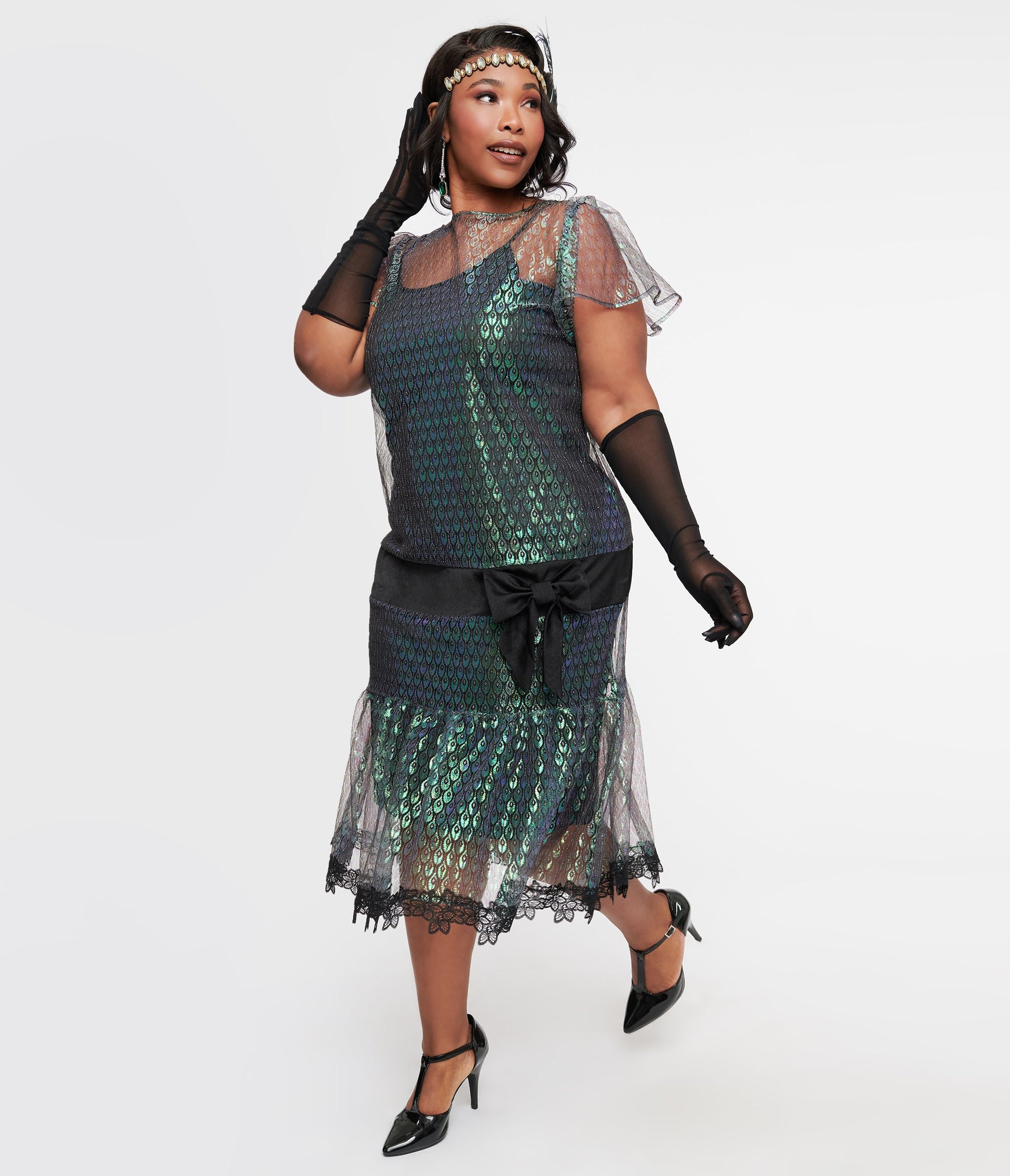 Unique Vintage Plus Size 1920s Iridescent Peacock & Black Bow Flapper Dress - Unique Vintage - Womens, FLAPPER, NON BEADED