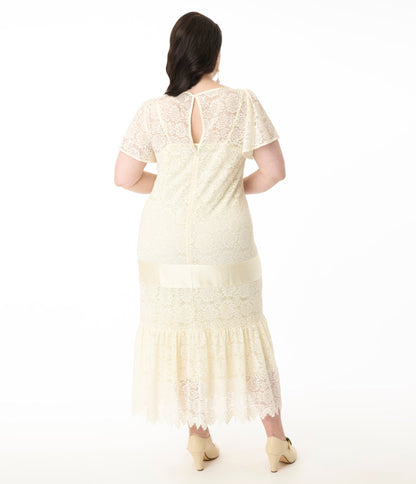 Unique Vintage Plus Size 1920s Ivory Lace & Bow Flapper Dress - Unique Vintage - Womens, FLAPPER, SLEEVED NON BEADED