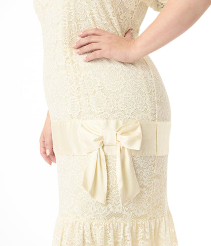 Unique Vintage Plus Size 1920s Ivory Lace & Bow Flapper Dress - Unique Vintage - Womens, FLAPPER, SLEEVED NON BEADED