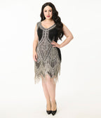 Unique Vintage Plus 1920s Silver & Black Embroidered & Hand Beaded Flapper Dress - Unique Vintage - Womens, FLAPPER BEADED