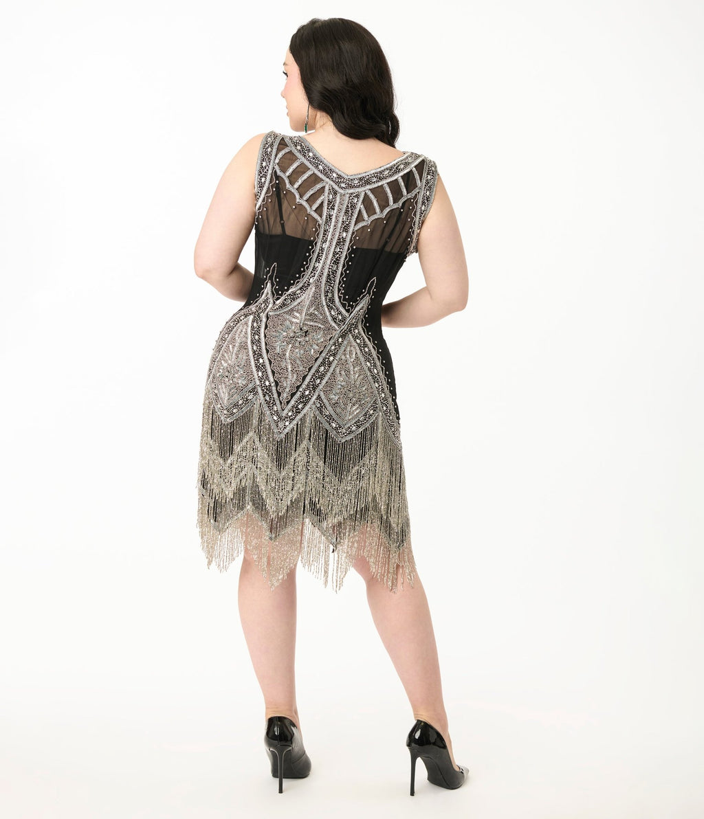 Unique Vintage Plus 1920s Silver & Black Embroidered & Hand Beaded Flapper Dress - Unique Vintage - Womens, FLAPPER BEADED