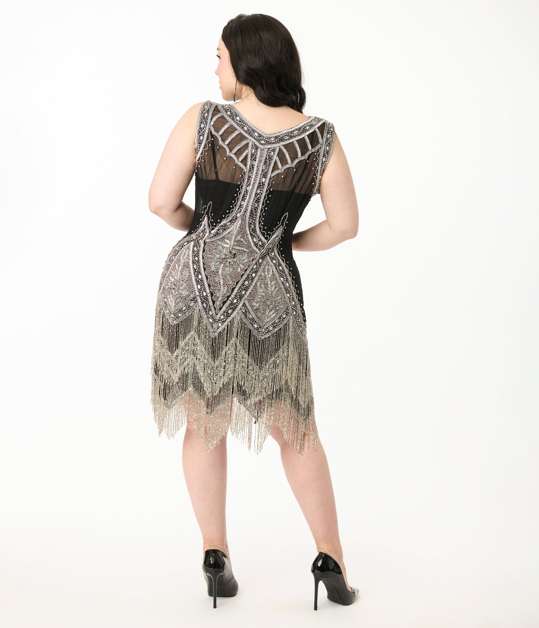 Unique Vintage Plus 1920s Silver & Black Embroidered & Hand Beaded Flapper Dress - Unique Vintage - Womens, FLAPPER BEADED