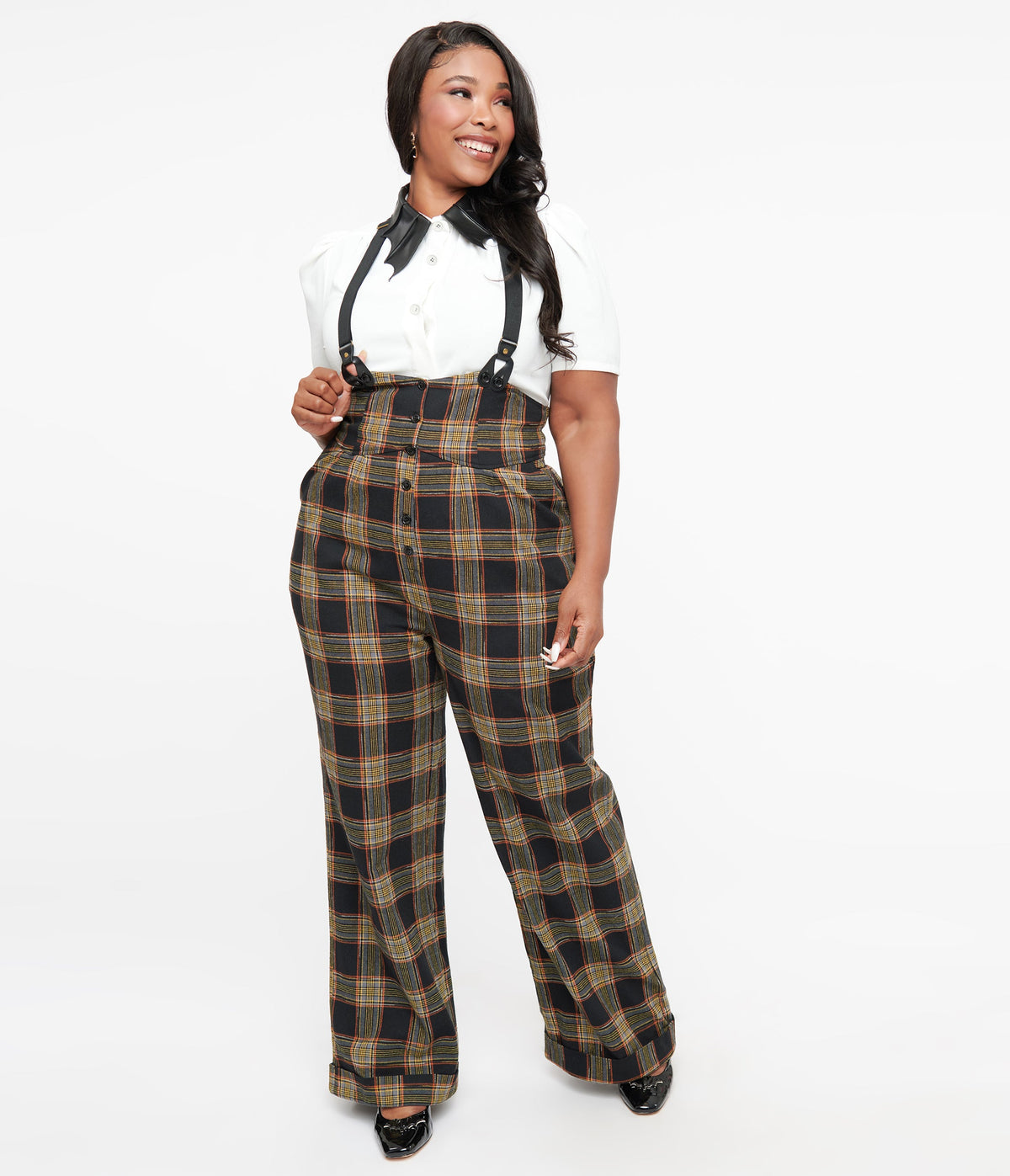 Unique Vintage Plus Size 1930s Black & Orange Plaid Thelma Suspender P