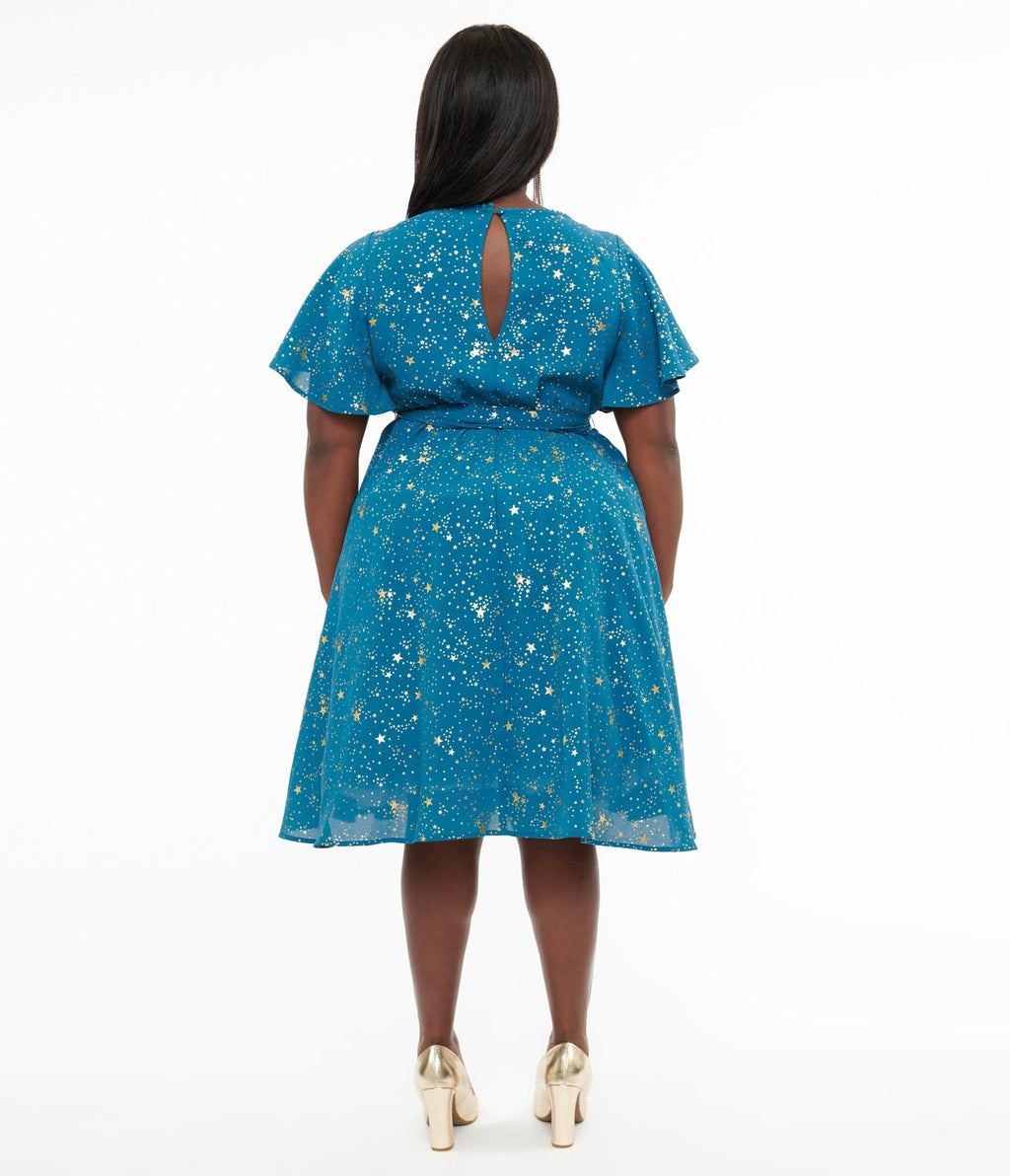 Unique Vintage Plus Size 1930s Teal & Gold Star Swing Dress - Unique Vintage - Womens, DRESSES, SWING