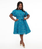 Unique Vintage Plus Size 1930s Teal & Gold Star Swing Dress - Unique Vintage - Womens, DRESSES, SWING