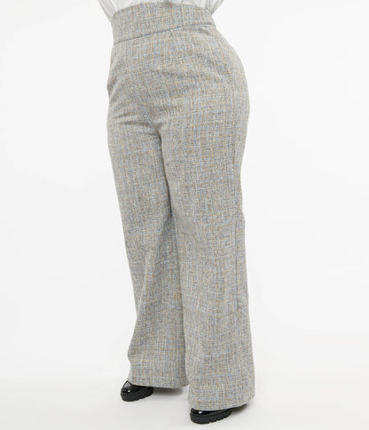 Unique Vintage Plus Size 1940s Beige & Baby Blue Tweed High Waist Pants - Unique Vintage - Womens, BOTTOMS, PANTS