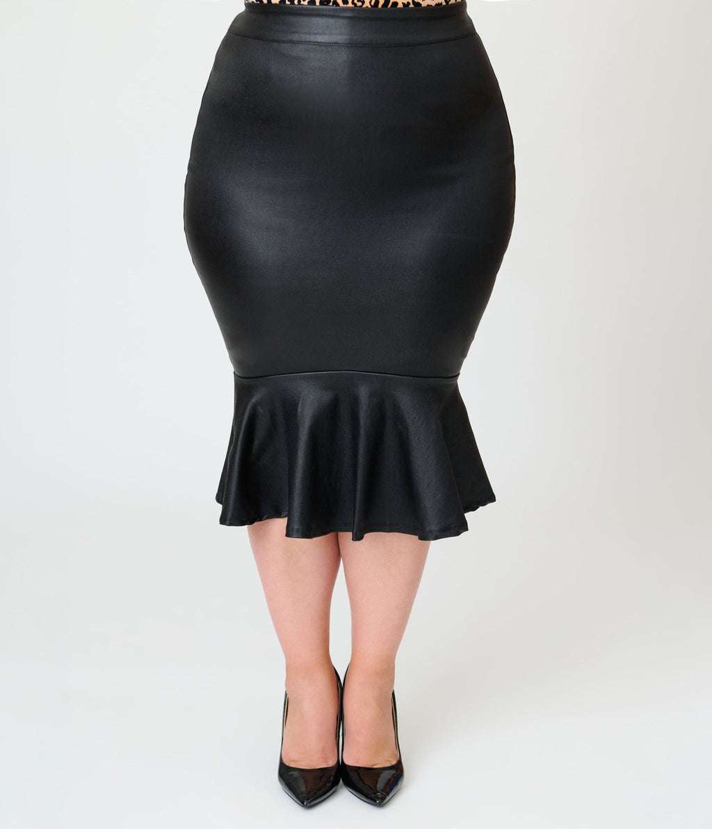 Unique Vintage Plus Size 1940s Black Leatherette Fishtail Lizette Wiggle Skirt - Unique Vintage - Pencil Skirts