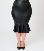 Unique Vintage Plus Size 1940s Black Leatherette Fishtail Lizette Wiggle Skirt - Unique Vintage - Pencil Skirts