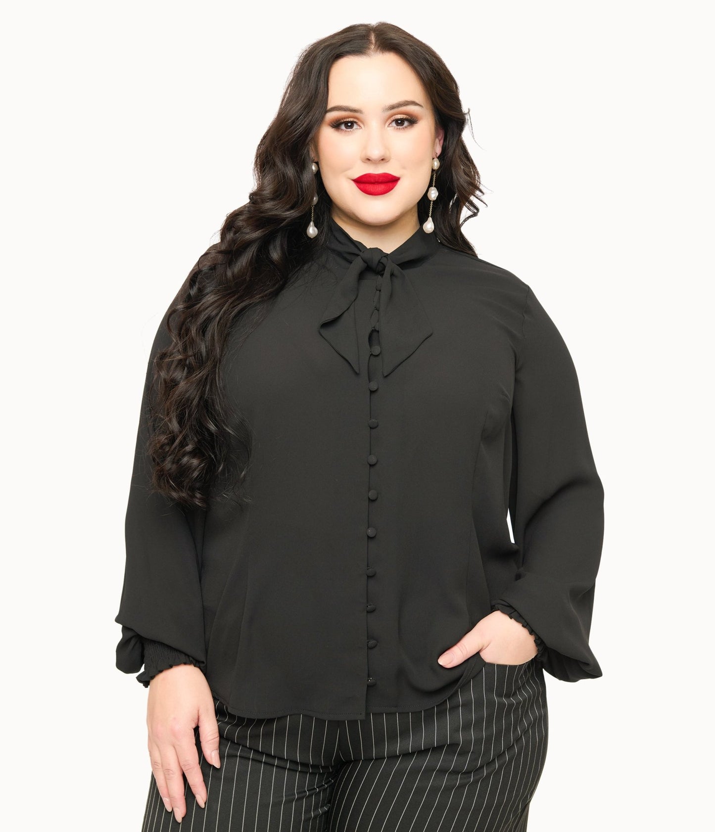 Unique Vintage Plus Size 1940s Black Neck Tie Blouse - Unique Vintage - Womens, TOPS, WOVEN TOPS