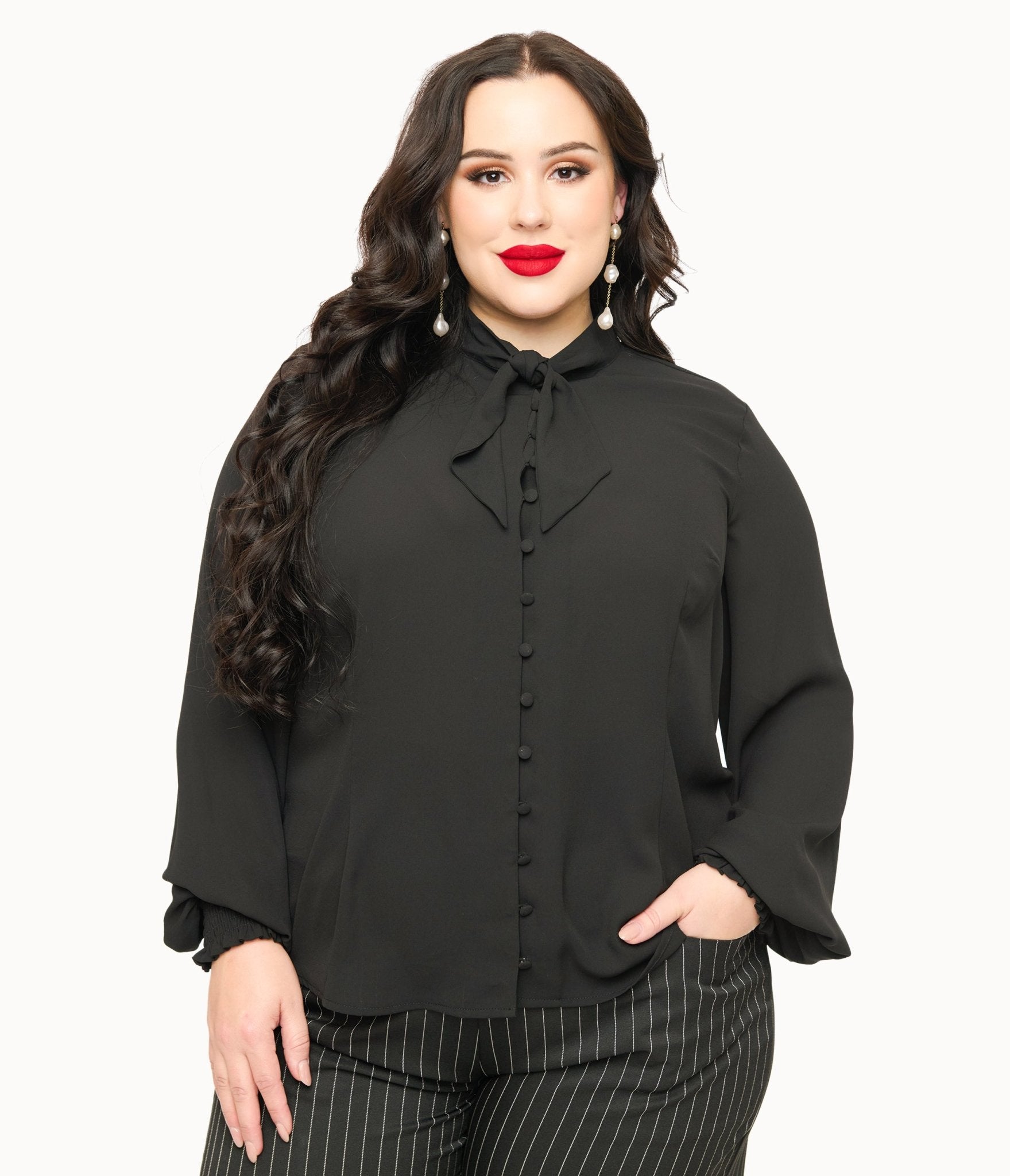 Unique Vintage Plus Size 1940s Black Neck Tie Blouse - Unique Vintage - Womens, TOPS, WOVEN TOPS