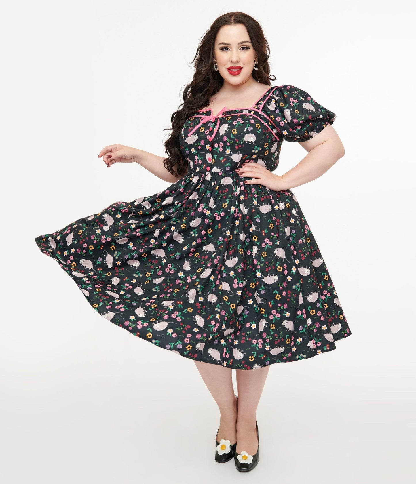Unique Vintage Plus Size 1940s Black & Pink Awesome Possum Button Front Swing Dress - Unique Vintage - Womens, DRESSES, SWING