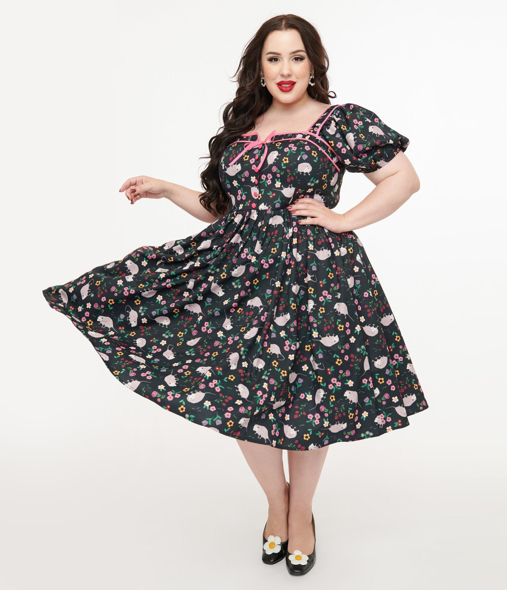 Unique Vintage Plus Size 1940s Black & Pink Awesome Possum Button Front Swing Dress - Unique Vintage - Womens, DRESSES, SWING